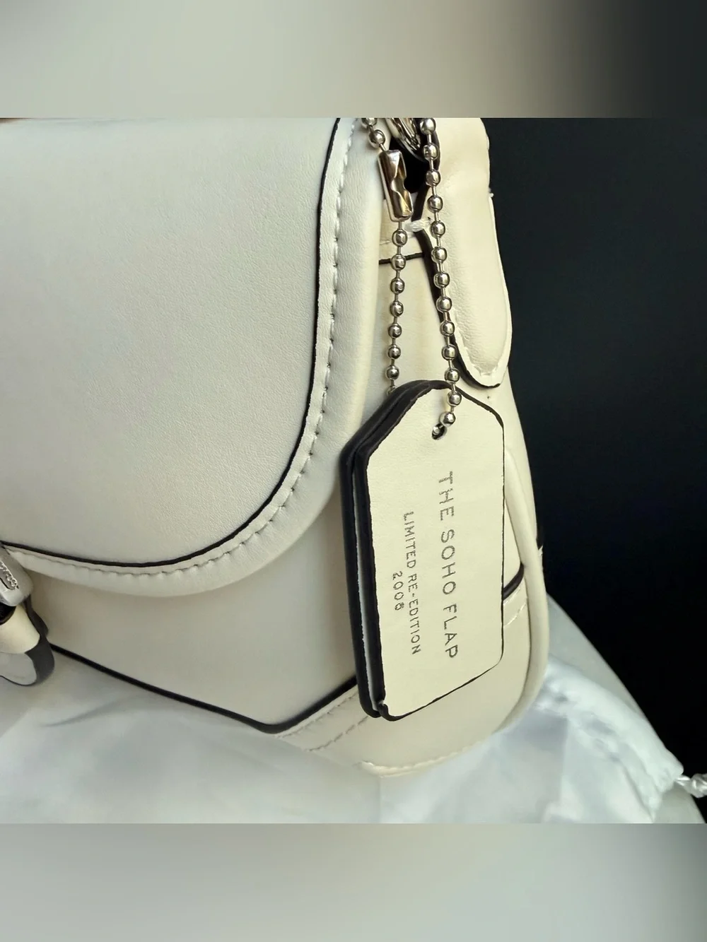 NWOT Coach Soho Flap Bag in Regenerative Leather Chalk White CR699 Silver